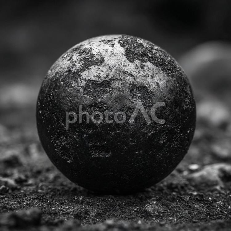 自然の造形美：粗々しい質感の石のような球 球体,黒,金属の写真素材