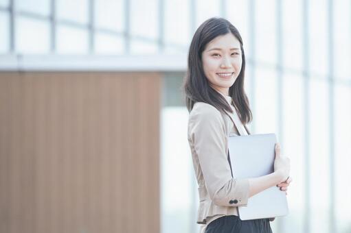 Business woman touching a notebook PC, pc, personal computer, work, JPG