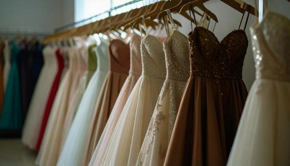 レンタルドレス屋にかかるたくさんのドレス レンタルドレス屋にかかるたくさんのドレスの写真