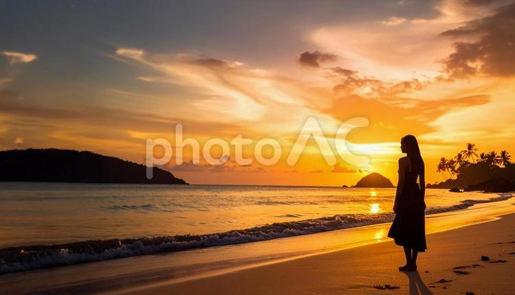 夕暮れのビーチと夕陽・黄昏時に歩く女性 海,夕陽,女性の写真素材