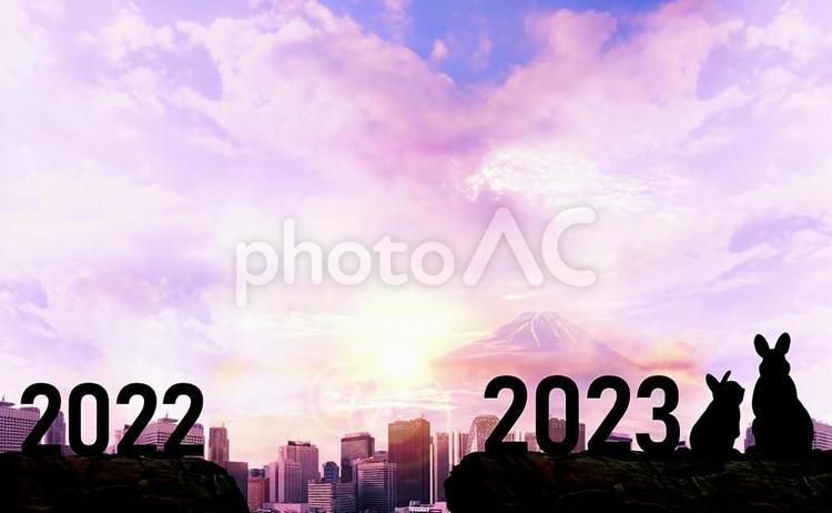 卯年年賀状-親子の兎のシルエットと富士山 年賀状,富士山,正月の写真素材