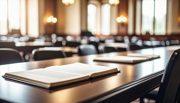 講習会の準備で書類が机に置かれた会場の写真