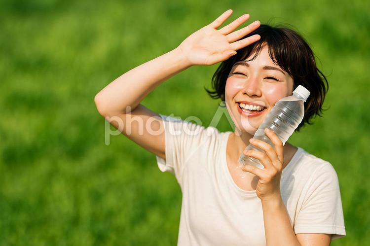 運動して清々しい女性、水分補給 女性,リフレッシュ,夏の写真素材