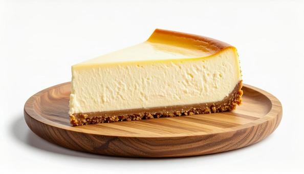木製プレートに置かれたチーズケーキ 木製プレートに置かれたチーズケーキの写真