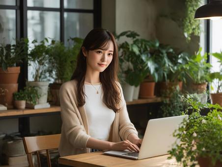 ウッド調のオフィス空間で仕事をする女性 ウッド調のオフィス空間で仕事をする女性の写真