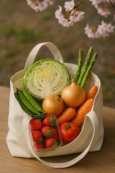 春野菜とエコバッグ 春野菜とエコバッグの写真