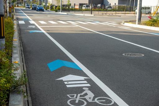 路肩に描かれた自転車ナビライン 路肩に描かれた自転車ナビラインの写真
