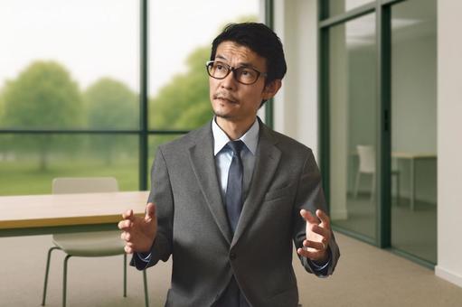 会話するビジネスマン 会話するビジネスマン 講義,講師,ブルーバックの写真素材
