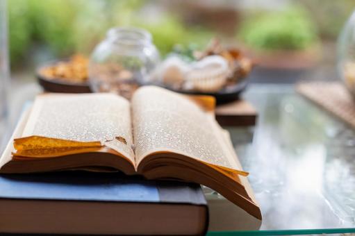 重ねられた古い洋書とカフェの空間 洋書,本,読書の写真素材