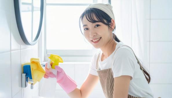 お風呂場を掃除する主婦の家事イメージ お風呂場を掃除する主婦の家事イメージの写真