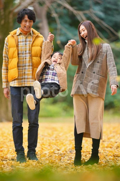 両親に手を握って持ち上げてもらっている息子（縦） 男の子,男女,家族の写真素材