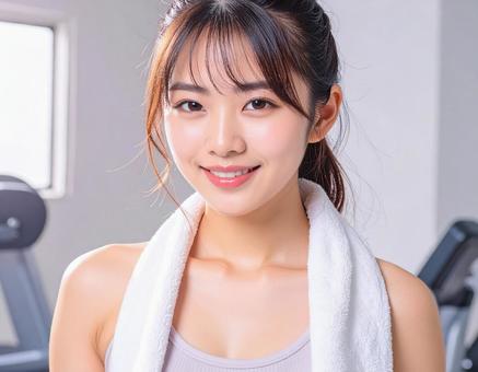 ジムでタオルを首にかけた女性の写真