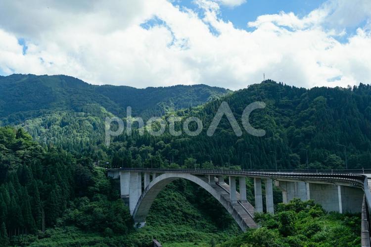夏の山々を背景にした巨大な橋の景観 橋,高架橋,アーチ橋の写真素材