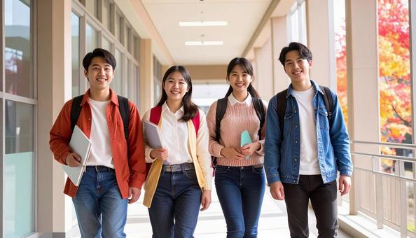 キャンパスライフを楽しむ大学生の写真