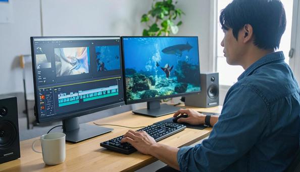 動画編集する男性の写真