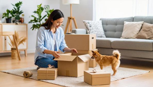ペット飼育可のマンションで寛ぐ飼い主と犬 ペット飼育可のマンションで寛ぐ飼い主と犬の写真