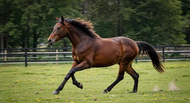 緑の牧場を駆ける茶色い馬とタンポポ 緑の牧場を駆ける茶色い馬とタンポポの写真