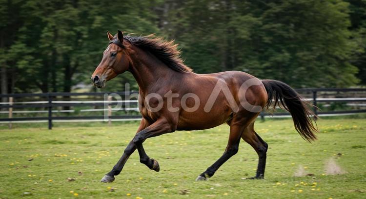 緑の牧場を駆ける茶色い馬とタンポポ 馬,走る,駆けるの写真素材