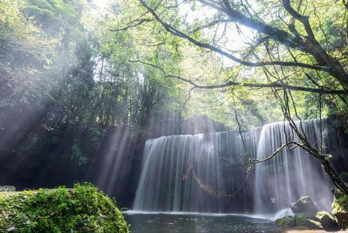 熊本県　夏の鍋ヶ滝と光芒 熊本県,熊本,絶景の写真素材