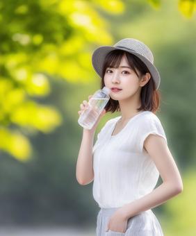 水分補給をする帽子を被った女性 水分補給をする帽子を被った女性の写真
