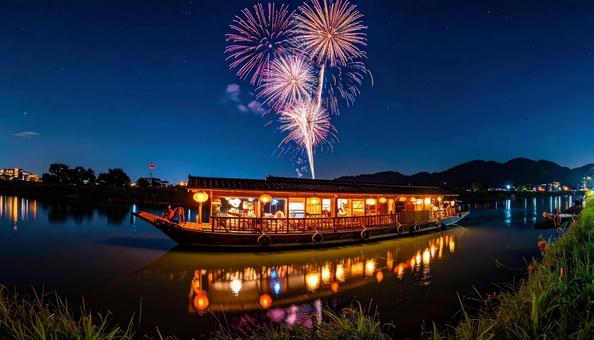 屋形船と花火 屋形船と花火の写真
