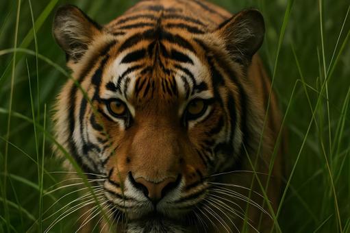 草陰から狙うトラの写真