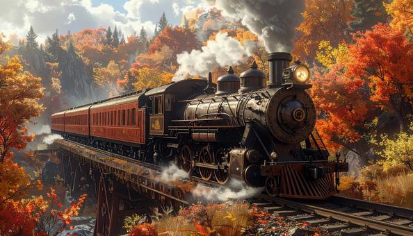 秋の紅葉とスチームパンクな列車の写真