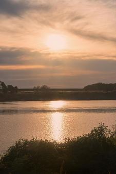 利根川の夕日 夕日,ゴールデンアワー,太陽の写真素材