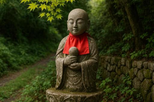 地蔵菩薩像と新緑の道の写真