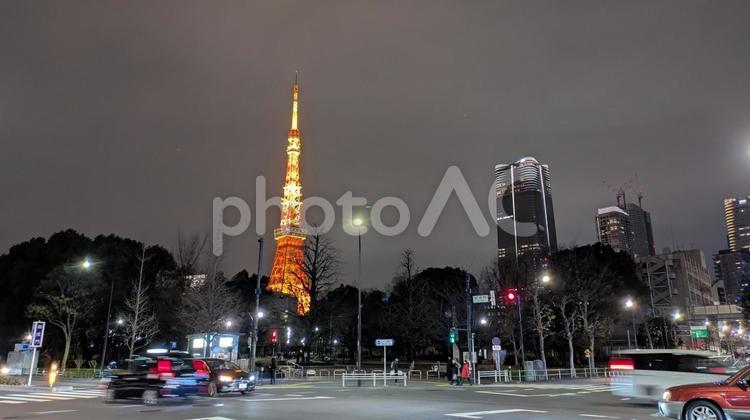 夜の芝公園とライトアップされた東京タワー 東京タワー,ライトアップ,芝公園の写真素材