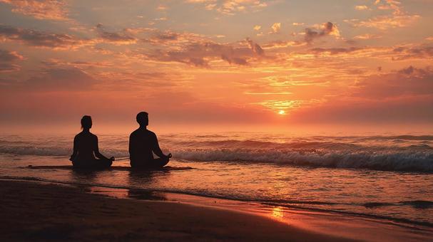 一体感のあるヨガと美しい海の風景の写真