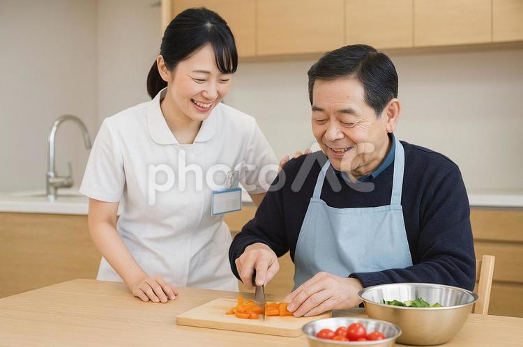 料理療法をする男性と作業療法士 リハビリ,リハビリテーション,入院の写真素材