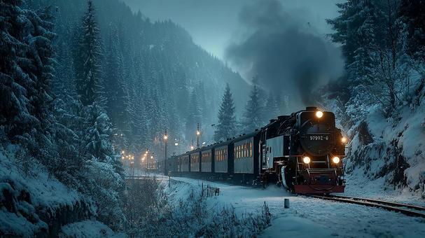 雪の森を走る幻想的な列車 雪の森を走る幻想的な列車の写真