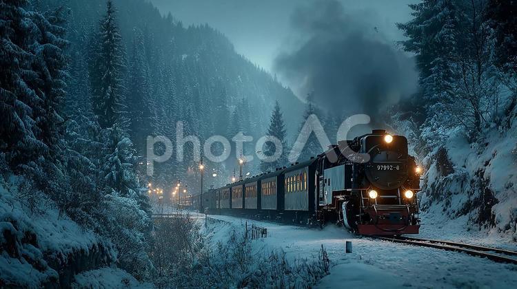 雪の森を走る幻想的な列車 蒸気機関車,列車,電車の写真素材