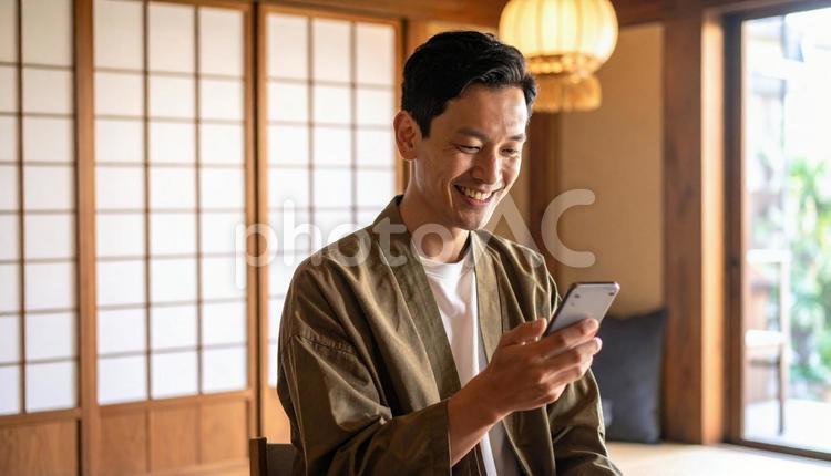 和室でスマホを楽しむ男性のポートレート 人物,男性,30代の写真素材