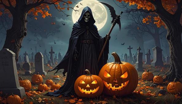 死神とハロウィンのお化けカボチャの写真