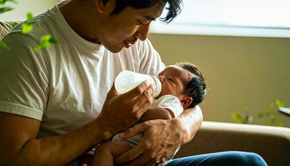 椅子に座り赤ちゃんに哺乳瓶で授乳する父親 椅子に座り赤ちゃんに哺乳瓶で授乳する父親の写真