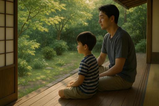 縁側で庭を眺める父と子 縁側で庭を眺める父と子の写真