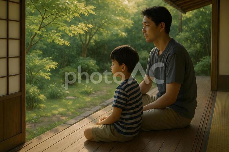 縁側で庭を眺める父と子 親子,縁側,父子の写真素材