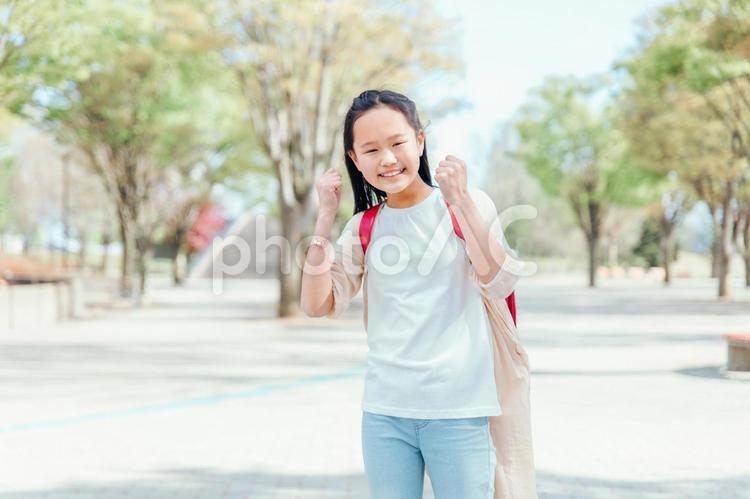 ガッツポーズをする小学生の女の子（新緑） 小学生,子供,子どもの写真素材