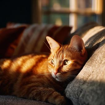 茶色と白の縞模様の猫が家の中でリラックス 茶色と白の縞模様の猫が家の中でリラックスの写真