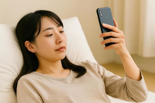 スマホを見る女性の横顔 スマホを見る女性の横顔の写真