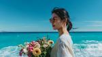 青い海と空の下、サングラスをかけた女性 女性,アジア人,若い女性の写真素材