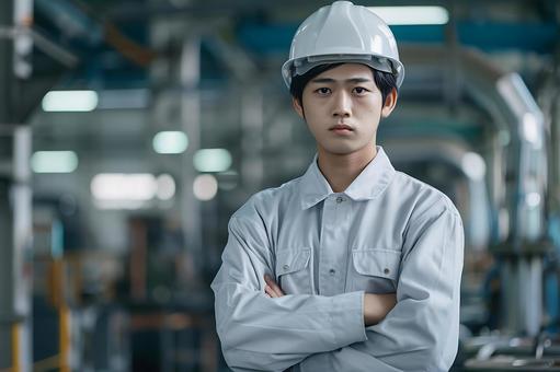 腕を組み真剣な表情を見せる若手工場作業員 腕を組み真剣な表情を見せる若手工場作業員の写真