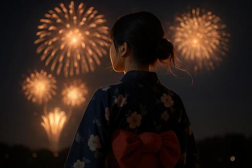 後ろ姿で花火を見つめる少女 後ろ姿で花火を見つめる少女の写真