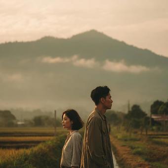 夕焼けの中背中合わせの男女 夕焼けの中背中合わせの男女の写真