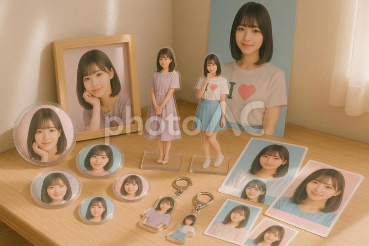 推しグッズに囲まれた癒しの休日 推し活,アクスタ,缶バッジの写真素材