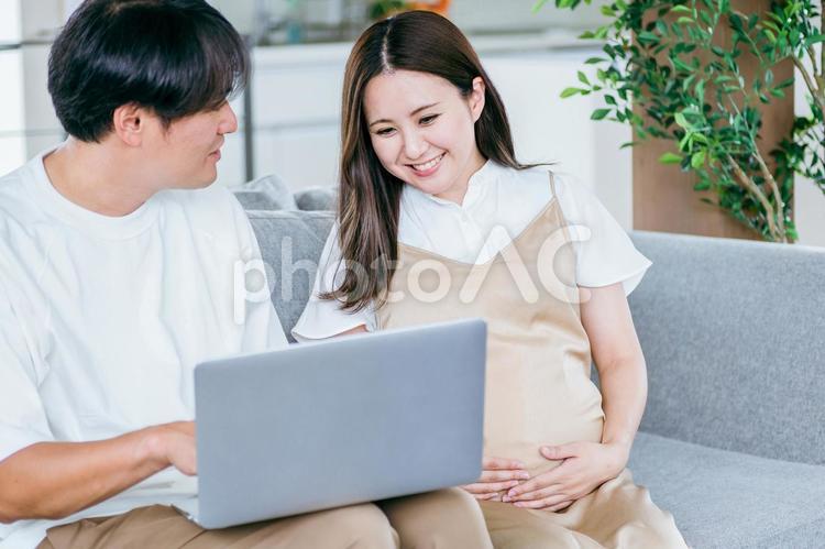 パソコンを見る妊婦と男性（笑顔） 妊婦,妊娠,夫婦の写真素材