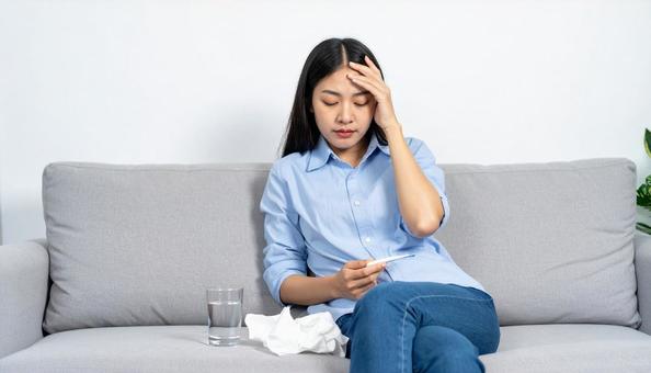 発熱して額をおさえてぼんやりする女性の写真