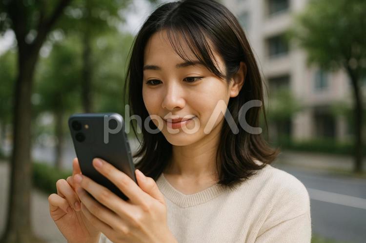 笑顔でスマホを操作する女性  女性,スマホ,見るの写真素材